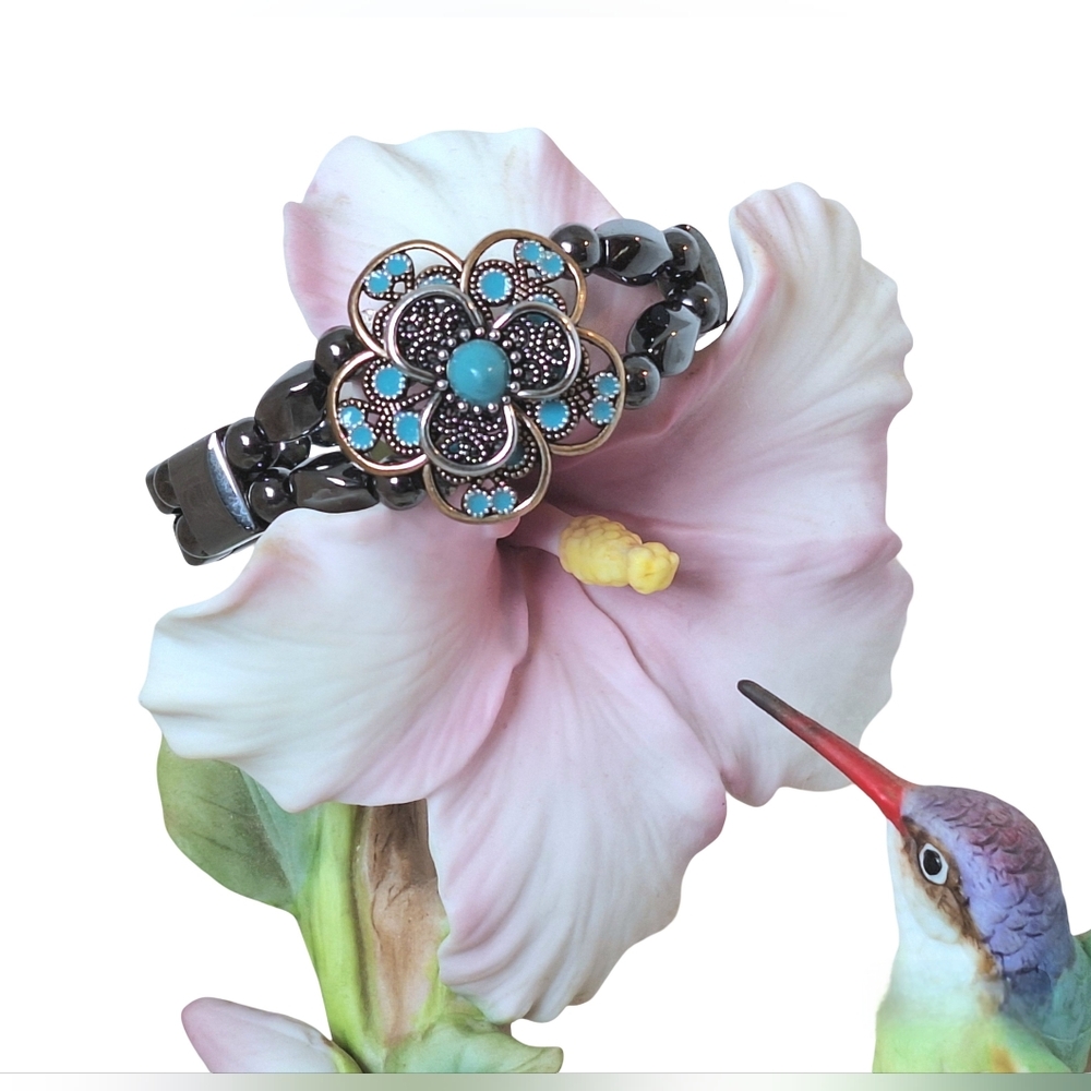 Hematite stone bracelet, Sterling Silver, Magnetic closure, turquouse enamel